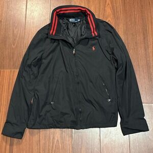 Polo Ralph Lauren Black Red Full Zip Up Hooded Bomber Jacket Size Men's XL